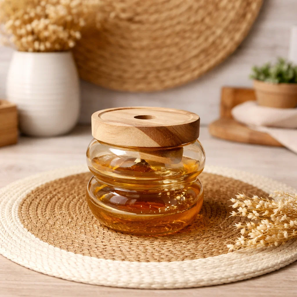 برطمان زجاج مدرج فاميه غطا خشب ص [عبوه 60]