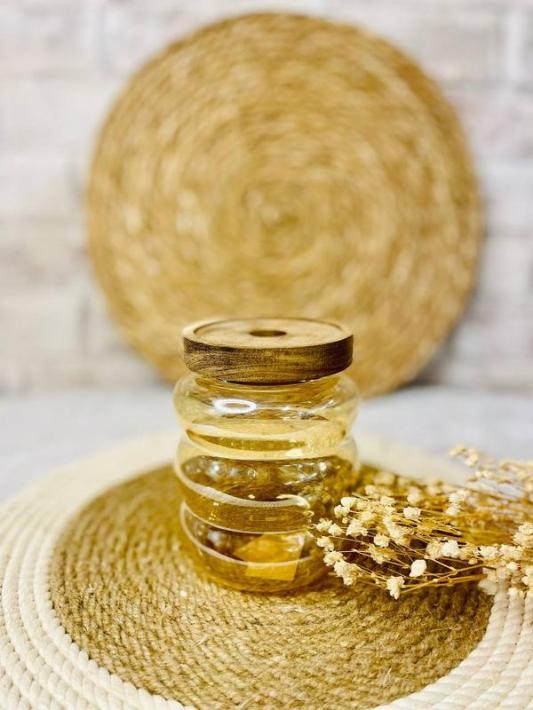 برطمان زجاج مدرج فاميه غطا خشب وسط [عبوه 60]