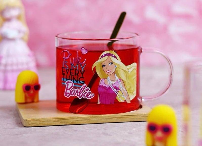 كوب زجاج بكوستر و معلقه باربي*72