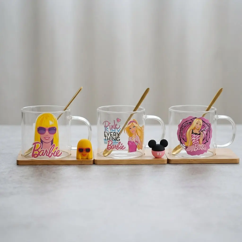 كوب زجاج بكوستر و معلقه باربي*72