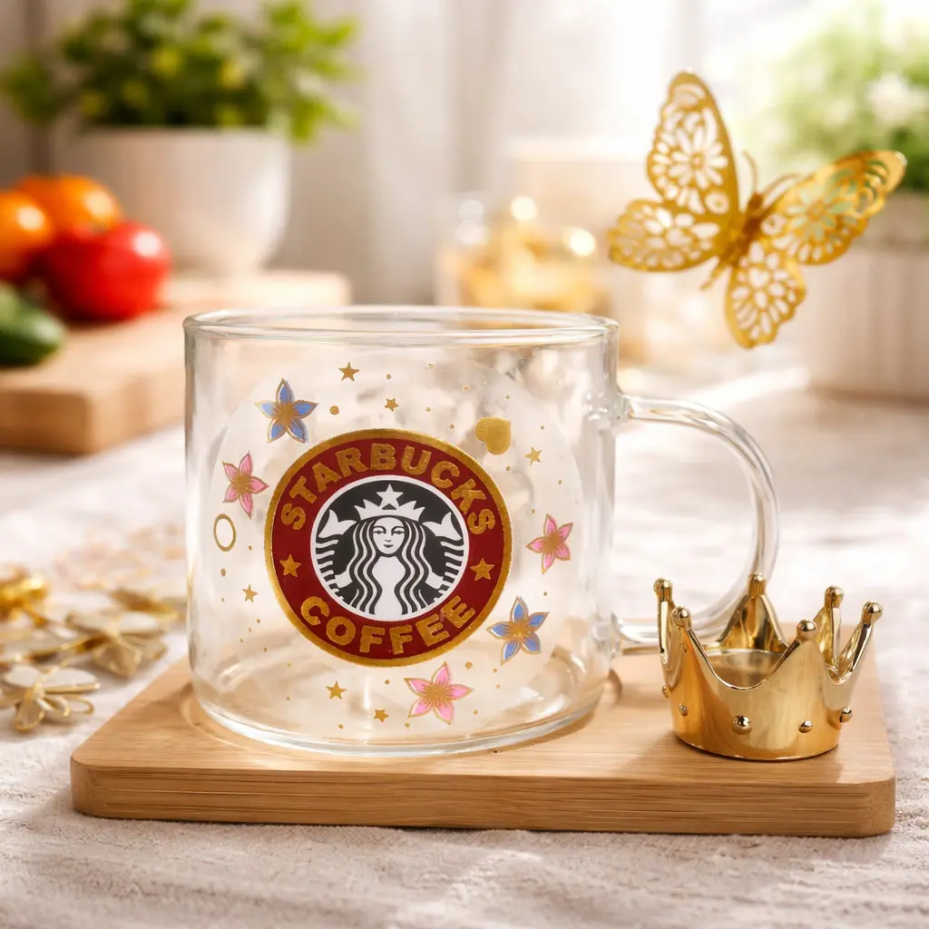 كوب زجاج بكوستر و معلقه ستار*72