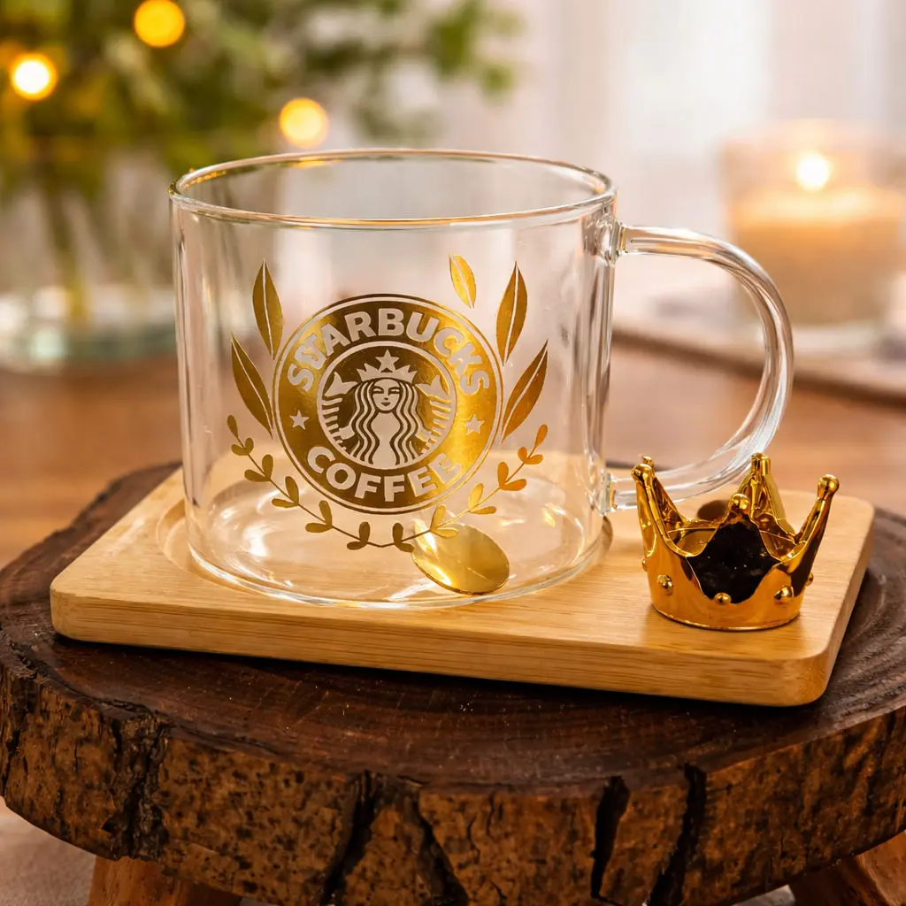 كوب زجاج بكوستر و معلقه ستار*72