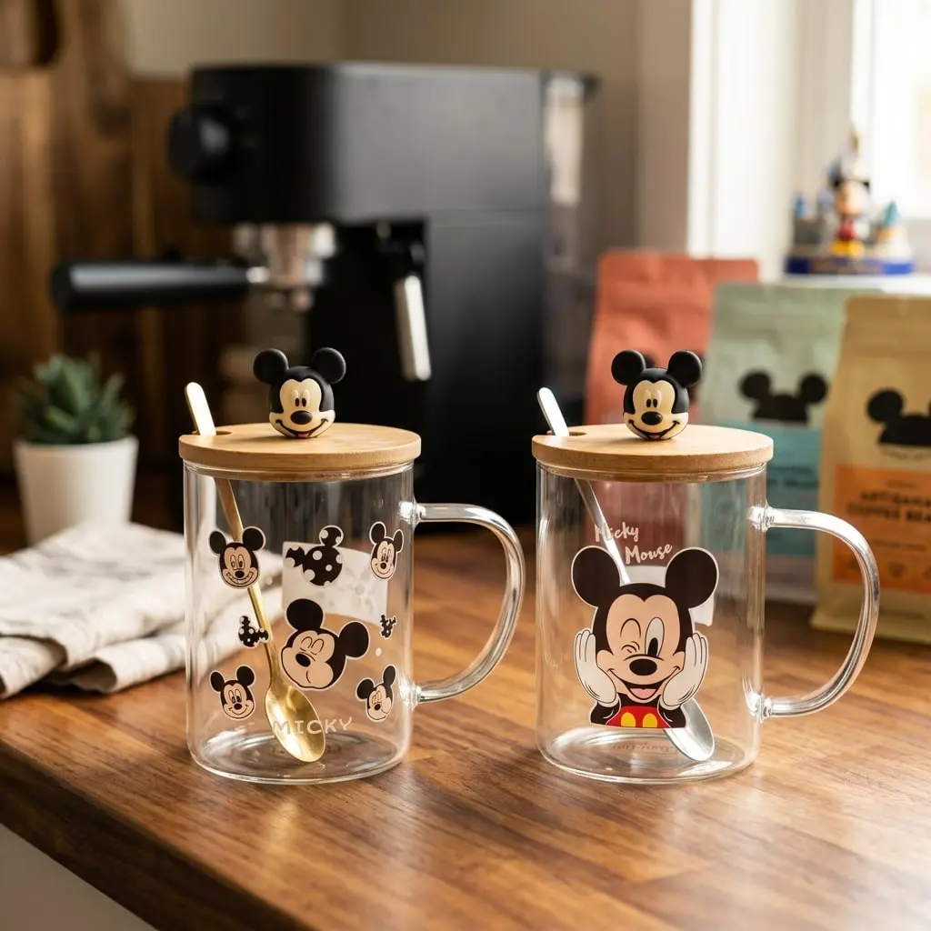 كوب زجاج بغطاء و معلقه ميكي 440 مللي*72