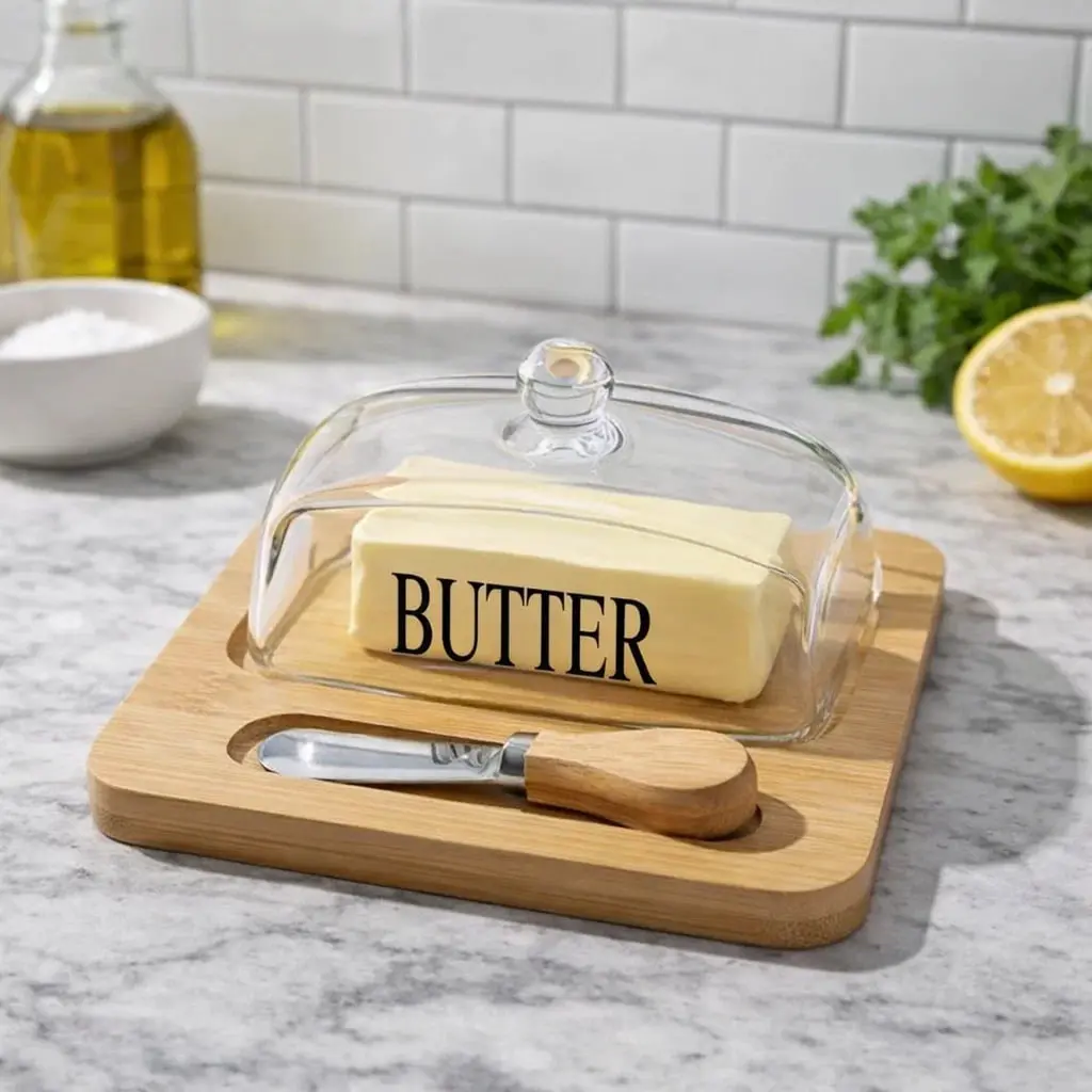 حافظة زبدة خشب بغطاء زجاج بالقطاعه [ عبوة 24]