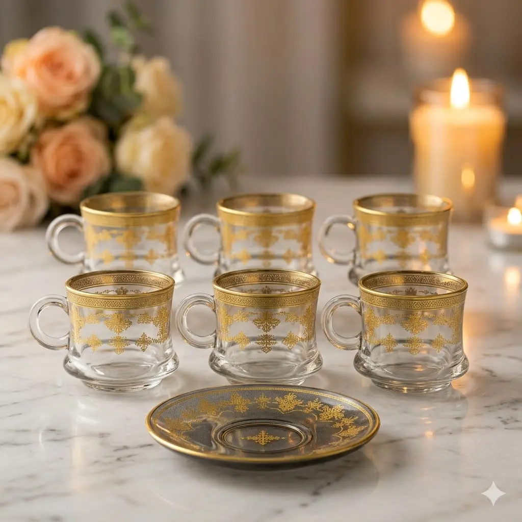 طقم 6 كوب استكانة زجاج وسط بالكوستر [ عبوة 12]