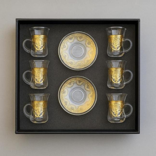 طقم 6 كوب استكانة زجاج كبير بالكوستر [ عبوة 12]