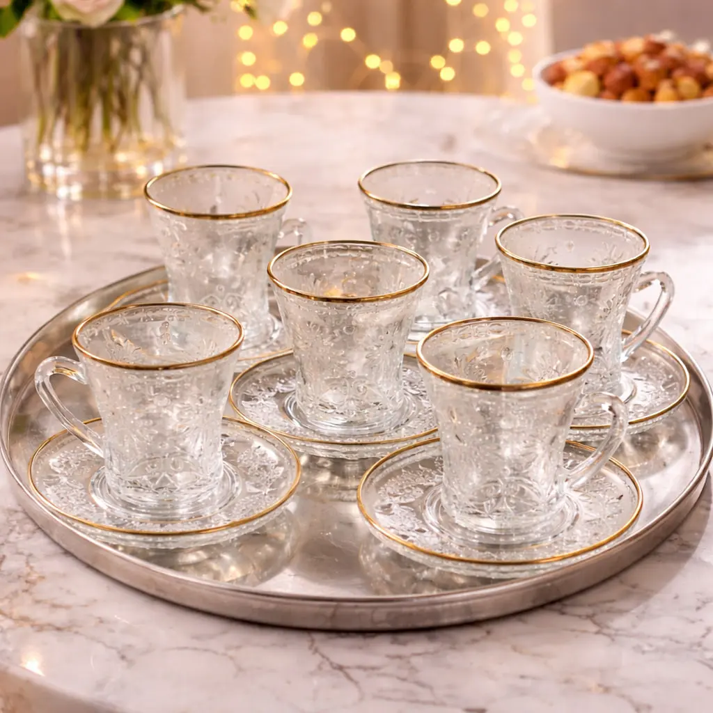 طقم فنجان 6 ق زجاج ذهبي [ عبوه 12 ]