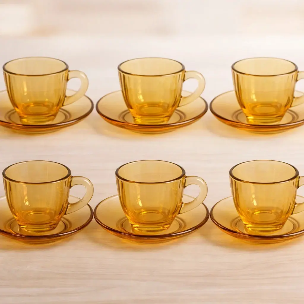 طقم فنجان 6 ق زجاج عسلي [ عبوه 12 ]