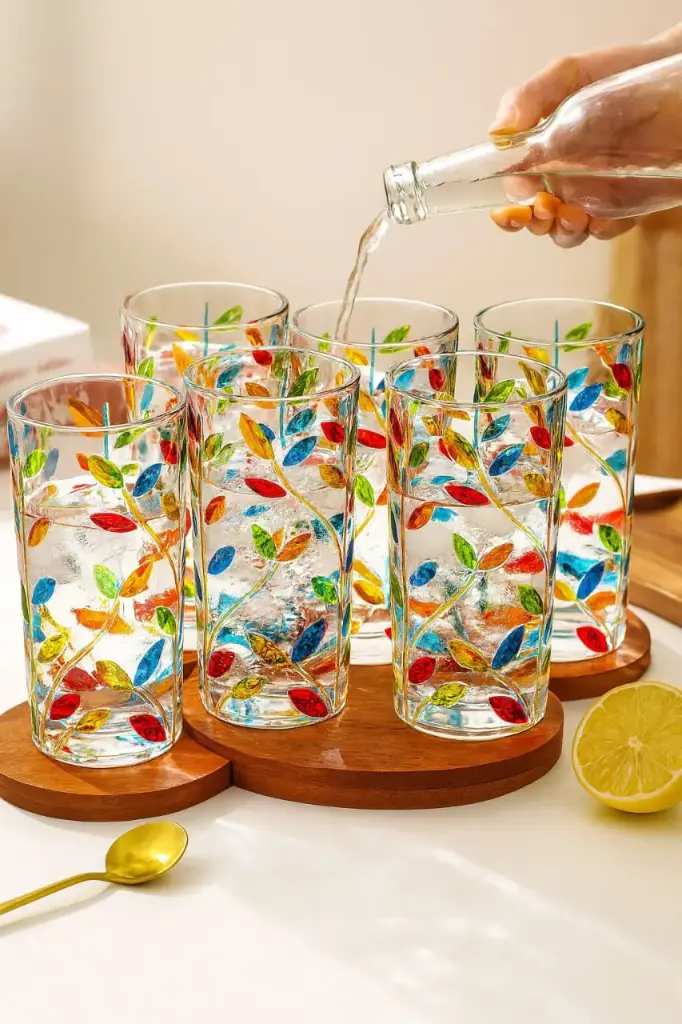 طقم أكواب زجاج 6 ق رسم يدوي [ عبوه 8 ]