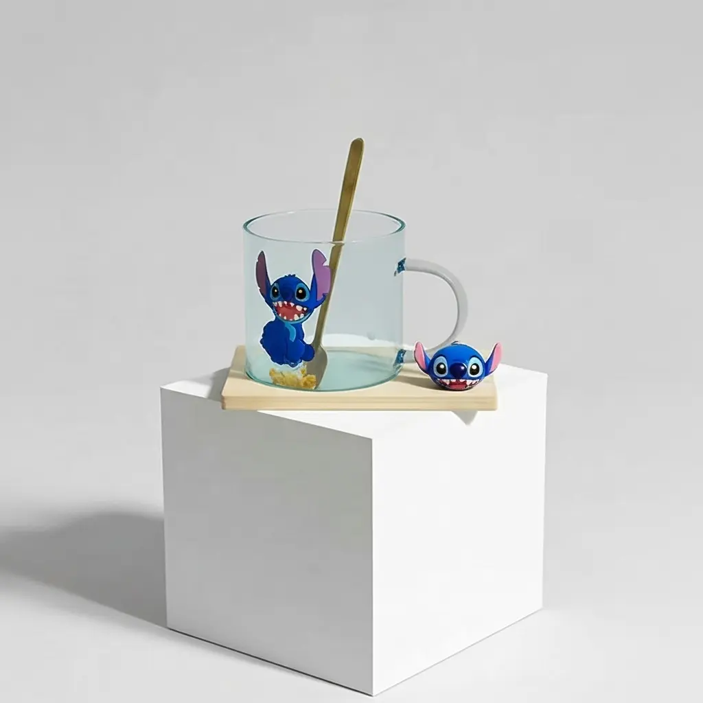 كوب زجاج بالقاعده خشب استيتش [ عبوة 80 ]