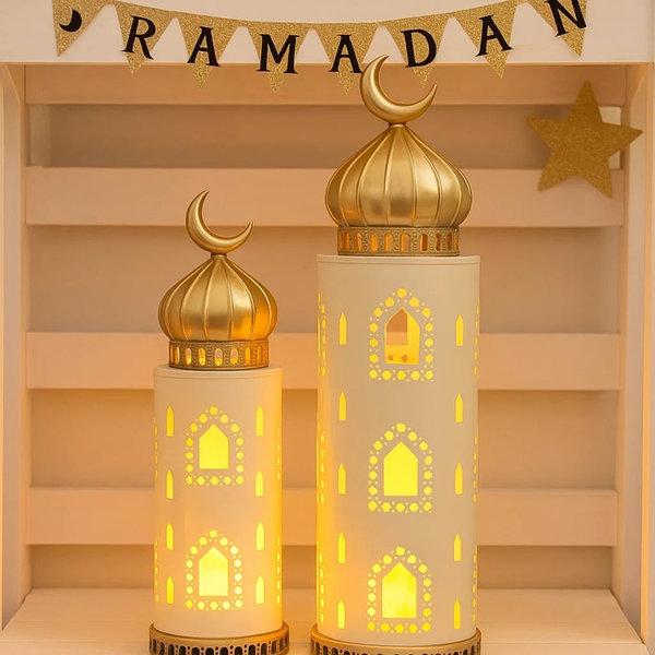 طقم 2 ماذنة ديكور ابيض قبة ذهبي [ عبوة 6 ]