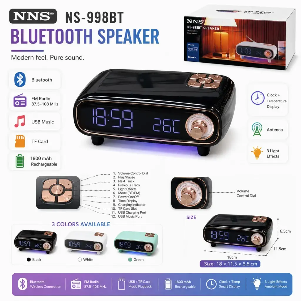 [ عبوة 40 ]راديو بلوتوث NNS ساعة ودرجة حرارة USB + TF + FM قابل للشحن – NS-998BT