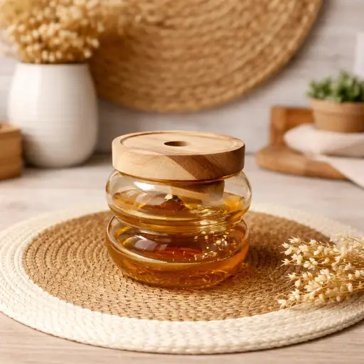 [QQ-586] برطمان زجاج مدرج فاميه غطا خشب ص [عبوه 60]