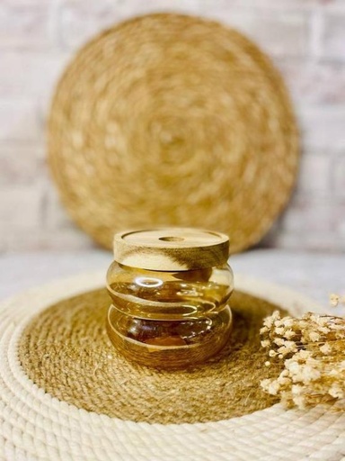 [QQ-586] برطمان زجاج مدرج فاميه غطا خشب ص [عبوه 60]