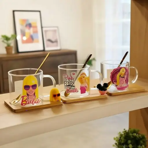 [GG-414] كوب زجاج بكوستر و معلقه باربي*72