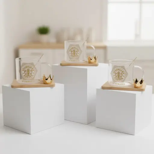 [GG-419] كوب زجاج بكوستر و معلقه ستار*72