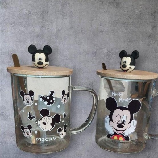 [GG-428] كوب زجاج بغطاء و معلقه ميكي 440 مللي*72
