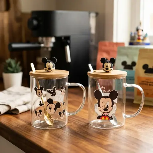 [GG-428] كوب زجاج بغطاء و معلقه ميكي 440 مللي*72