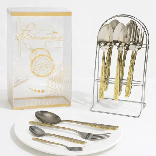 [H-577]  طقم معالق 24 قطعه بالاستاند نيكل   مذهب * 6