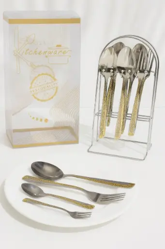 [H-577]  طقم معالق 24 قطعه بالاستاند نيكل   مذهب * 6