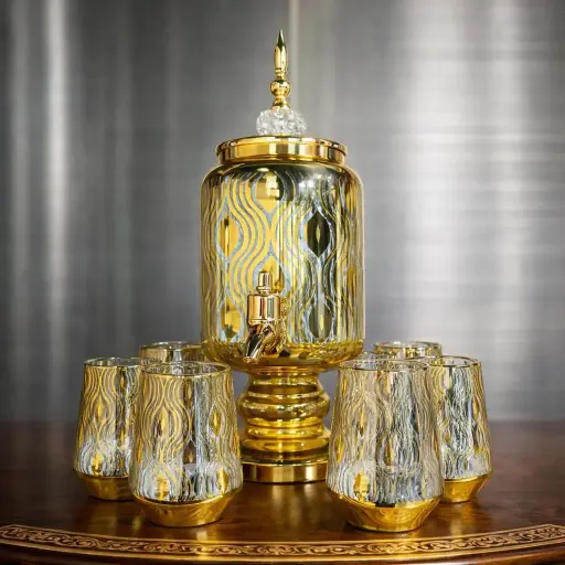 [GG-1803] دسبينسر عصير مذهب مع طقم أكواب 6 ق [ عبوة 8 ]