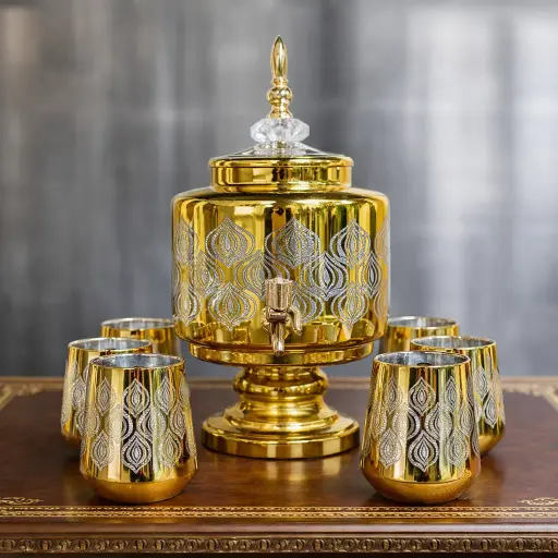 [GG-1805] دسبينسر عصير مذهب مع طقم أكواب 6 ق [ عبوة 6 ]