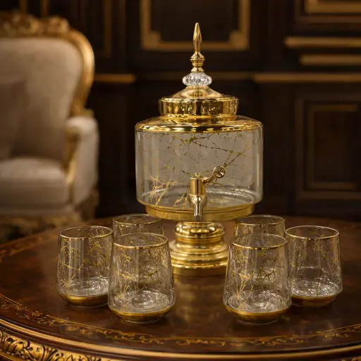 [GG-1809] دسبينسر عصير مذهب مع طقم أكواب 6 ق [ عبوة 6 ]