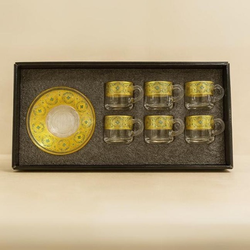 [GG-2120A] طقم 6 كوب استكانة زجاج وسط بالكوستر [ عبوة 12]
