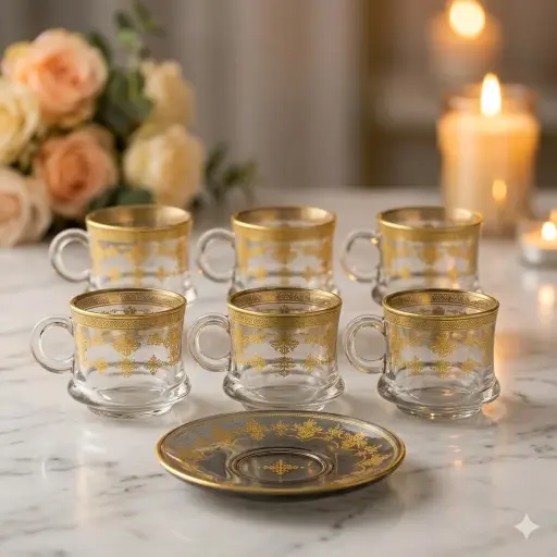 [GG-2120C] طقم 6 كوب استكانة زجاج وسط بالكوستر [ عبوة 12]