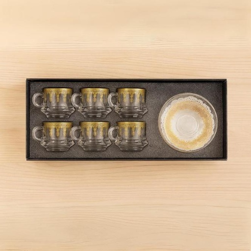 [GG-2120E] طقم 6 كوب استكانة زجاج وسط بالكوستر [ عبوة 12]