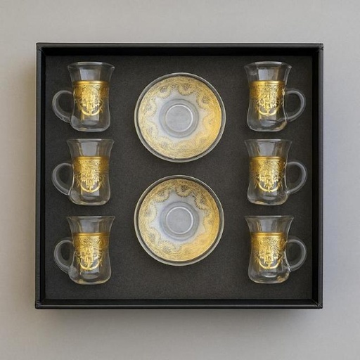 [GG-2121] طقم 6 كوب استكانة زجاج كبير بالكوستر [ عبوة 12]