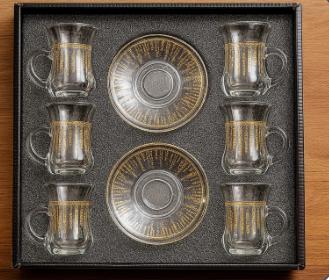 [GG-2121A] طقم 6 كوب استكانة زجاج كبير بالكوستر [ عبوة 12]