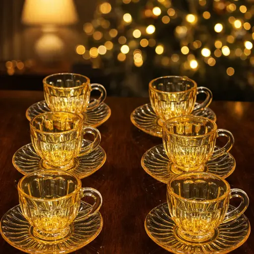 [GG-2134] طقم فنجان 6 ق زجاج عسلي [ عبوه 12 ]