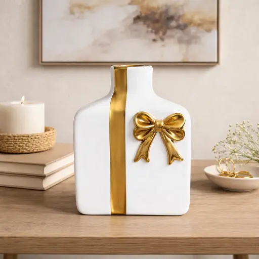 [E-771] فازة فيونكة ابيض فى ذهبى وسط [ عبوة 48 ]