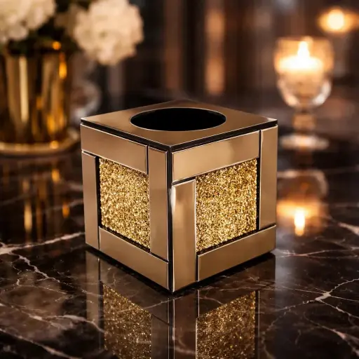 [G-383] علبة مناديل مرايه مربع جليترذهبي*24